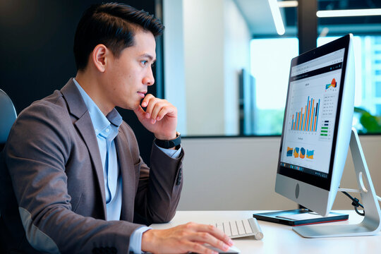 Asian young adult man sitting at desk analyzing financial charts on computer monitor, resting chin on hand while focusing on data, working in modern office environment