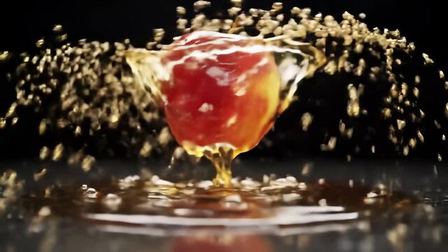 Vinegar essence: Slow motion golden liquid pouring and splashing dynamically on a fresh red apple, emphasizing healthy and organic culinary ingredients.