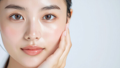 Fototapeta premium Stunning close up of a young woman's flawless, radiant skin showcasing a healthy, natural glow and soft lips