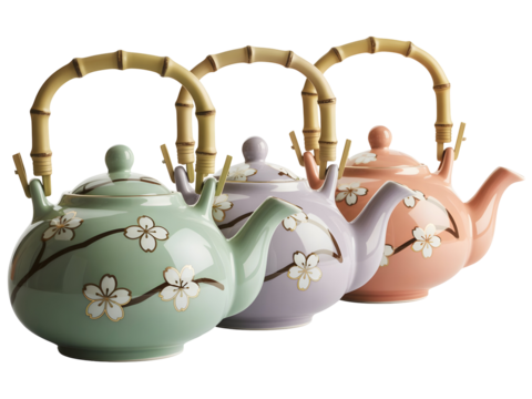 Trio of pastel-colored ceramic teapots featuring Japanese cherry blossom designs and bamboo handles isolated on white