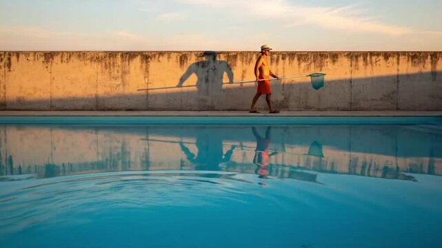 Warm light illuminates a walker carrying a pool net. Reflective surface below mirrors the sky and figure, presenting dual reality and optical effect.
