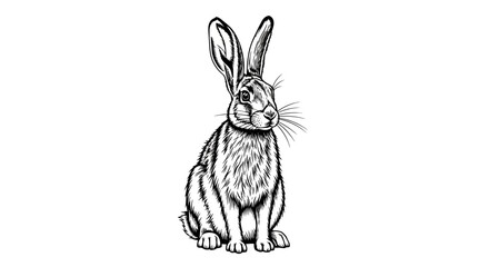 Detailed black and white illustration of a sitting rabbit with long ears and whiskers