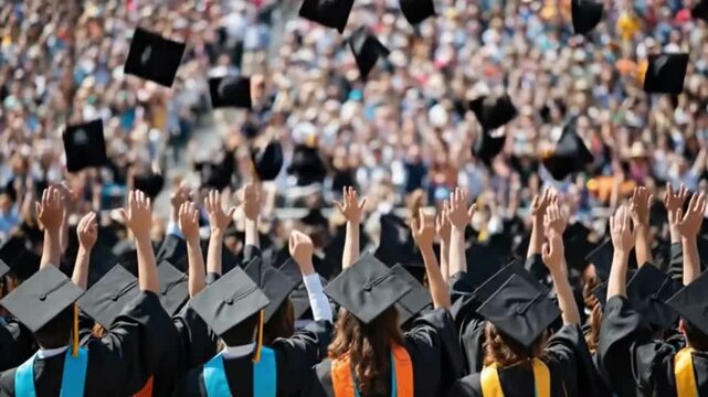 Crowd of graduates wearing academic dress, tossing mortarboards during graduation ceremony. Symbolizes academic achievement, celebration and milestone