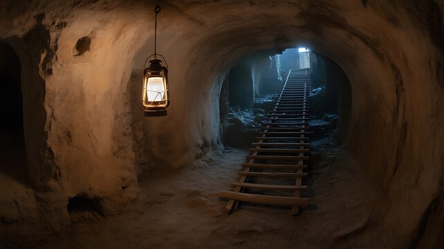 Old lantern lights dark underground tunnel; wooden steps lead up