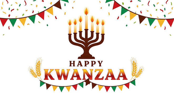 Happy kwanzaa celebration with kinara and colorful bunting flags