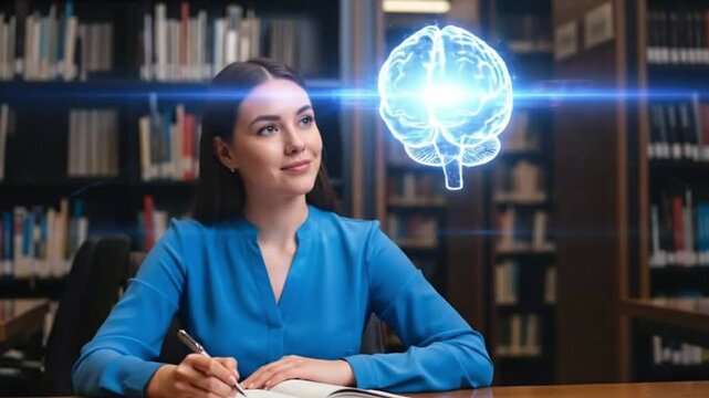 Woman studies in library, illuminated brain above head. It represents knowledge, learning, cognition, education, potential, intelligence, and bright idea