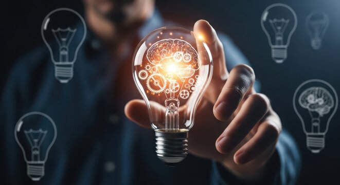 A persons finger touches a glowing lightbulb with a brain inside, symbolizing innovation and ideas, surrounded by other lightbulbs with brains - Powered by Adobe