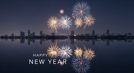 Elegant New Year scene of city skyline with fireworks mirrored on calm water
