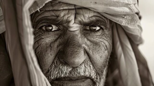 A contemplative portrait of a wise old man in Middle Eastern attire.