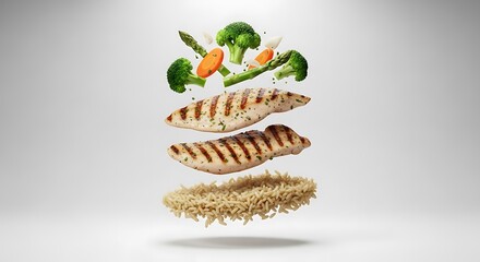 Artfully arranged healthy grilled chicken meal with fresh vegetables and wholesome noodles, floating on a pristine white background, showcasing nutritious and balanced eating