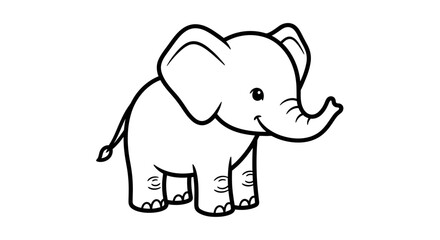 Cute cartoon baby elephant playing with a butterfly in a simple line drawing style