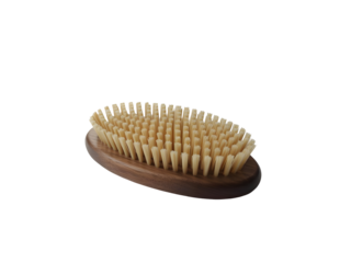 Wooden dry body brush with natural bristles for skin exfoliation and spa wellness isolated on black background.