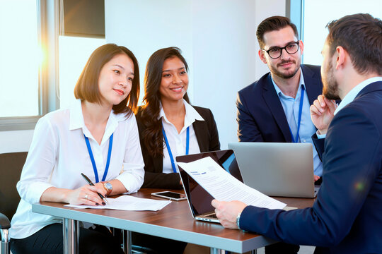 Group of young adult multiethnic business professionals discussing documents and using laptop during meeting, Asian woman and South Asian woman listening, Caucasian man speaking