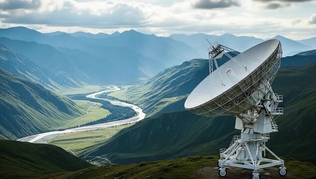 A large satellite dish stands prominently against a backdrop of majestic mountains and a winding river, symbolizing exploration and technology