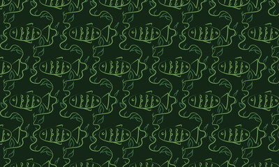 Seamless fish pattern. Healthy eating only. Vector illustration, doodle style, side view. Can be used as a pattern for kitchen towels, dishes, and bed linens.