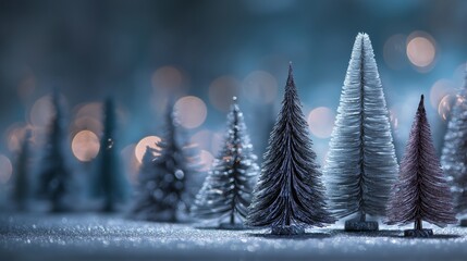 Glittery bottle brush trees with warm bokeh lights in a soft winter scene.