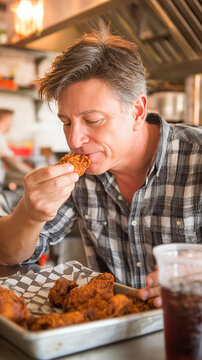 Mężczyzna w koszuli w kratę intensywnie kosztuje skrzydełko kurczaka, trzymając je w ręce. Przed nim metalowa tacka z pikantnym jedzeniem i kubek z napojem w restauracji.