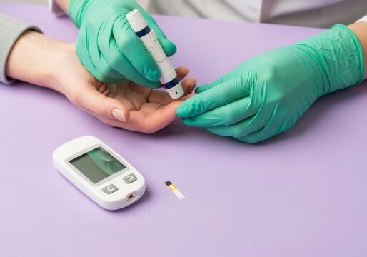 Doctor in green gloves using lancet device to prick woman's finger for blood glucose test on lilac background. Design template for diabetes treatment, health and medicine check-up concept.