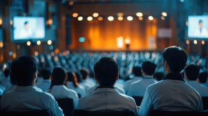 Large Group Attending Conference with Stage Lighting and Video Screens