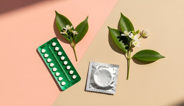 Green blister pack of oral contraceptive pills with condom and flower on beige background, banner poster template for safe sex contraception women’s health and birth control awareness with copyspace.