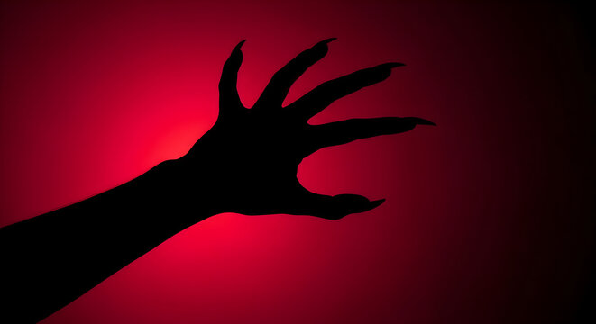 Monster hand with long claws reaching from dark red background, banner template for horror movie poster Halloween promotion or spooky cinematic campaign with copyspace.