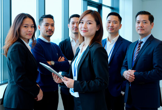 Group of young adult Asian men and women standing together in modern office, business professionals posing for corporate team photo, woman in foreground holding digital tablet