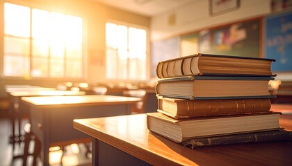A sunny classroom interior, focus on a stack of books on a desk; empty student chairs