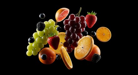 Fresh Fruit Medley Against a Black Backdrop Grapes, Strawberries, Oranges and Blackberries