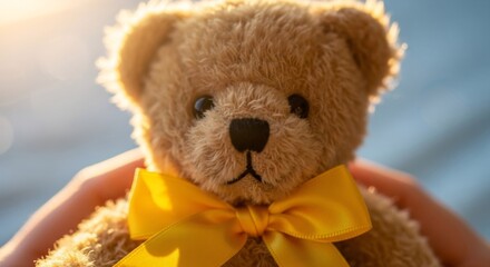 Close up teddy bear with yellow ribbon in hands on blue background, banner template for childhood cancer awareness month child care charity donation or gift campaign promotion with copyspace.