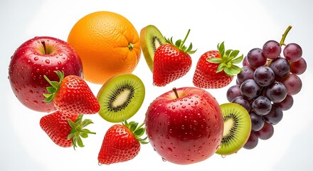 Delicious Assortment of Fresh Fruits Apples, Oranges, Strawberries, Grapes, and Kiwi