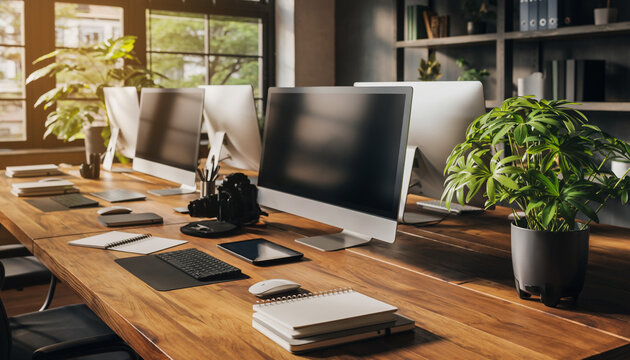 An organized and modern office interior with multiple computer setups on a shared wooden desk, enhanced by indoor plants and natural light