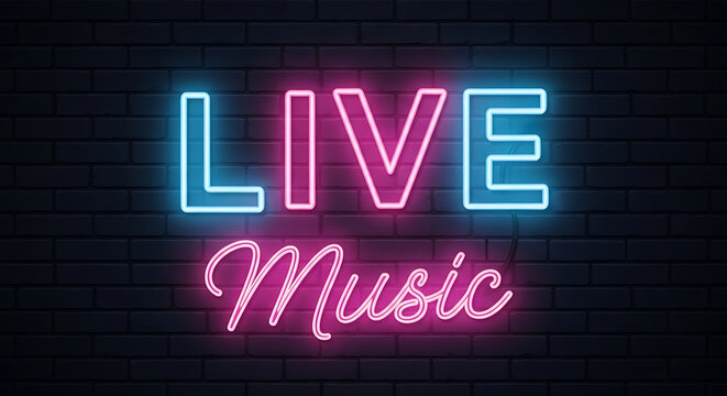 Vibrant neon light sign displaying 'LIVE Music' in glowing blue and pink letters against a dark brick wall, perfect for nightlife events and entertainment promotions