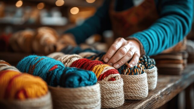A close-up of hands arranging vibrant strands of yarn in a craft store, illustrating the love for handmade artistry and the rich textures that inspire creativity in textile arts and crafts.