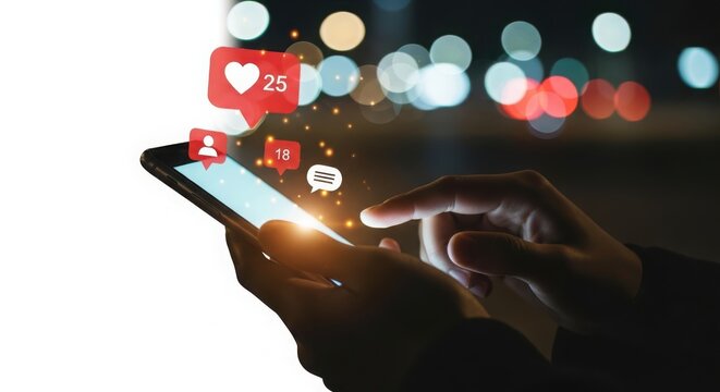 Closeup of a persons hands holding a smartphone, with social media notification icons floating out of the screen, symbolizing engagement and online interaction