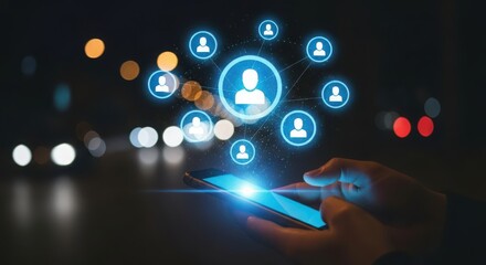 Hand holding a smartphone with a glowing network of people icons connecting to a central figure, representing social networking and connectivity in the digital age