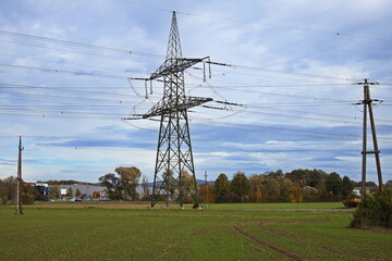 Transposition on power line at Oberwart, Burgenland, Austria, Europe, Central Europe
