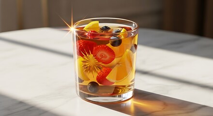 A vibrant glass of refreshing summer fruit punch or iced tea, filled with fresh strawberries, blueberries, kiwi, and orange slices, glistening in the sunlight