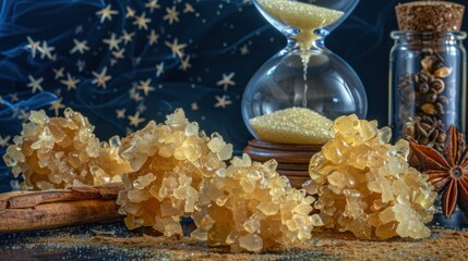 Natural Yellow Crystals with Spices and Sand Timer in Warm Rustic Setting