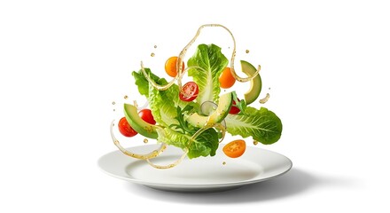 A dynamic composition of a fresh green salad with avocado and cherry tomatoes levitating and splashing with dressing above a white plate