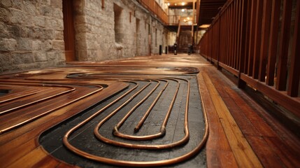 geothermal heating system Modern interior with wooden flooring and sleek architectural lines, showcasing spacious design.