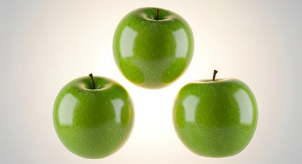 A striking trio of glossy green apples, meticulously presented against a bright white setting, symbolizing natural bounty and wholesome nutrition for a healthy lifestyle