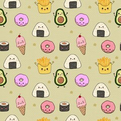Cute Kawaii Food Seamless Pattern Adorable Snack and Dessert Characters