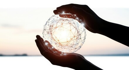 Hands holding a glowing digital sphere representing global network connection and technology at sunset
