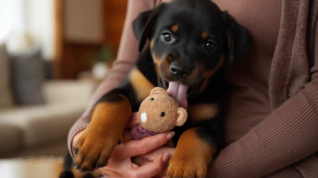 A charming rottweiler puppy with a teddy bear in its owner's arms Stock Video