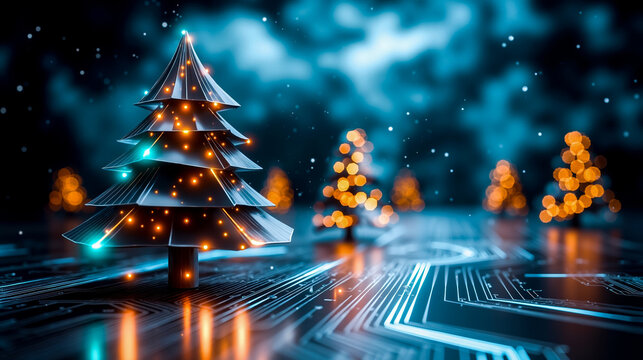 A christmas tree on a circuit board with lights in the background