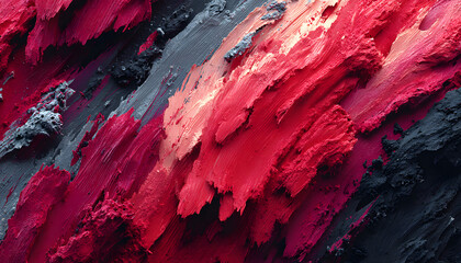 Dynamic abstract streaks of red and gray with textured gritty elements on a black background