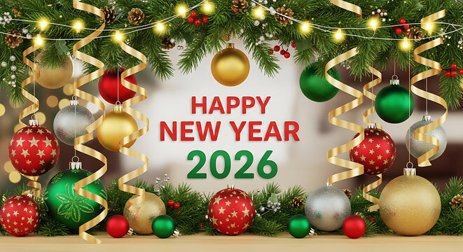 Vibrant Happy New Year 2026 greeting banner featuring sparkling baubles, evergreen branches, twinkling lights, and golden confetti, symbolizing fresh beginnings and joyous celebrations