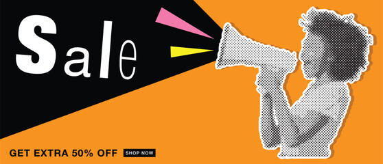 Retro Collage Sale Banner. Cutout Paper Shape of Black Woman Announcing Sale Offers Through a Megaphone on Orange Background. Screaming into the Megaphone. Vector Vintage Poster.