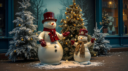 A couple of snowmen standing next to a christmas tree in front of a store