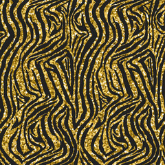 Fototapeta premium Black and gold glitter zebra stripe pattern seamless background animal print black background